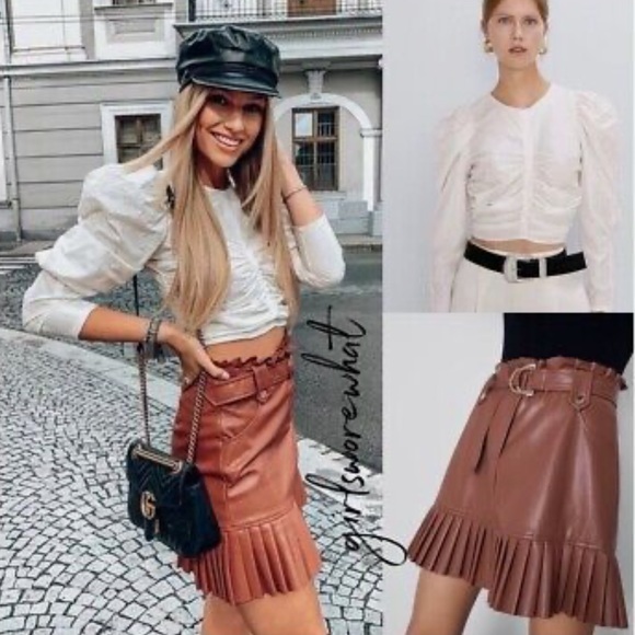 ZARA NWOT Faux Leather Pleated Skirt Size SMALL Brown BLOGGER Favorite - Picture 13 of 13